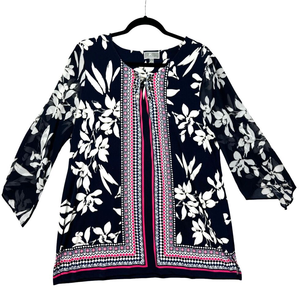 JM Collection Blouse Women’s Large Black Floral Keyhole Necktie 3/4 Sleeve Tunic